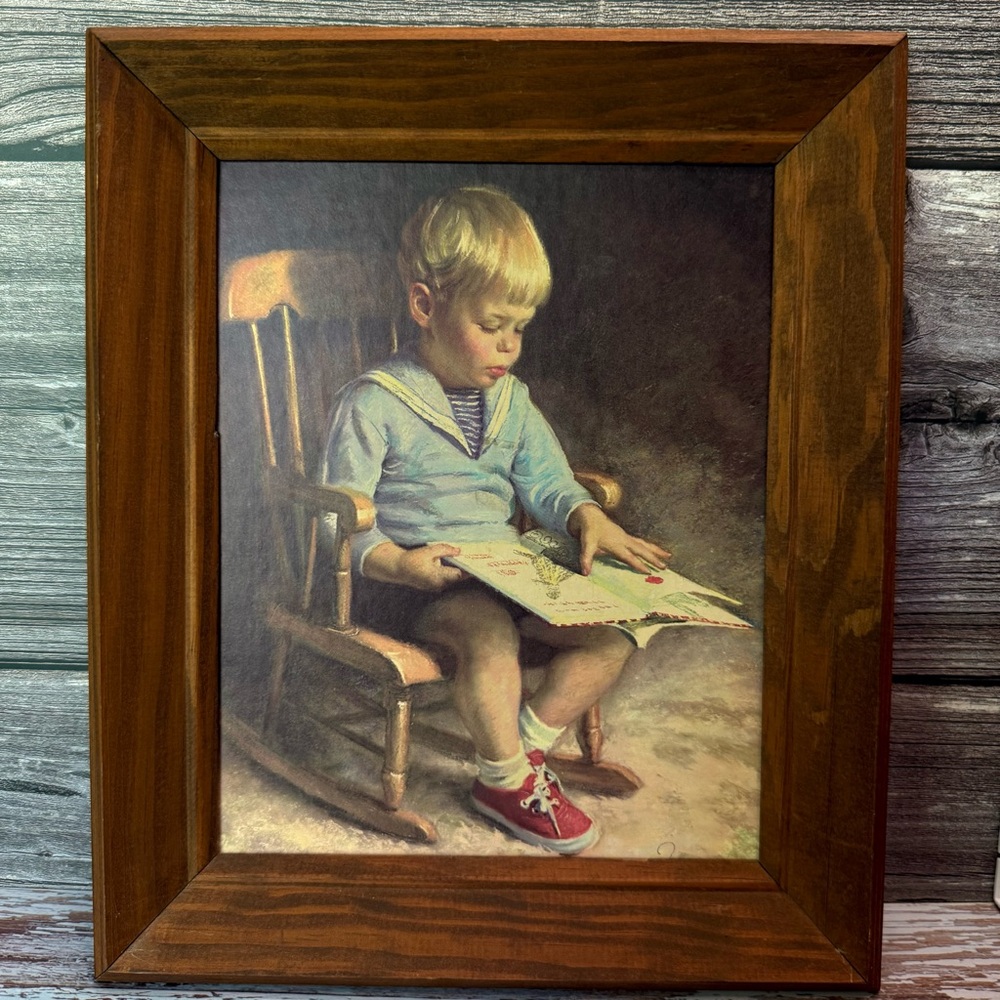 Vintage James Ingwersen Art Print Little Boy Reading Wood Frame